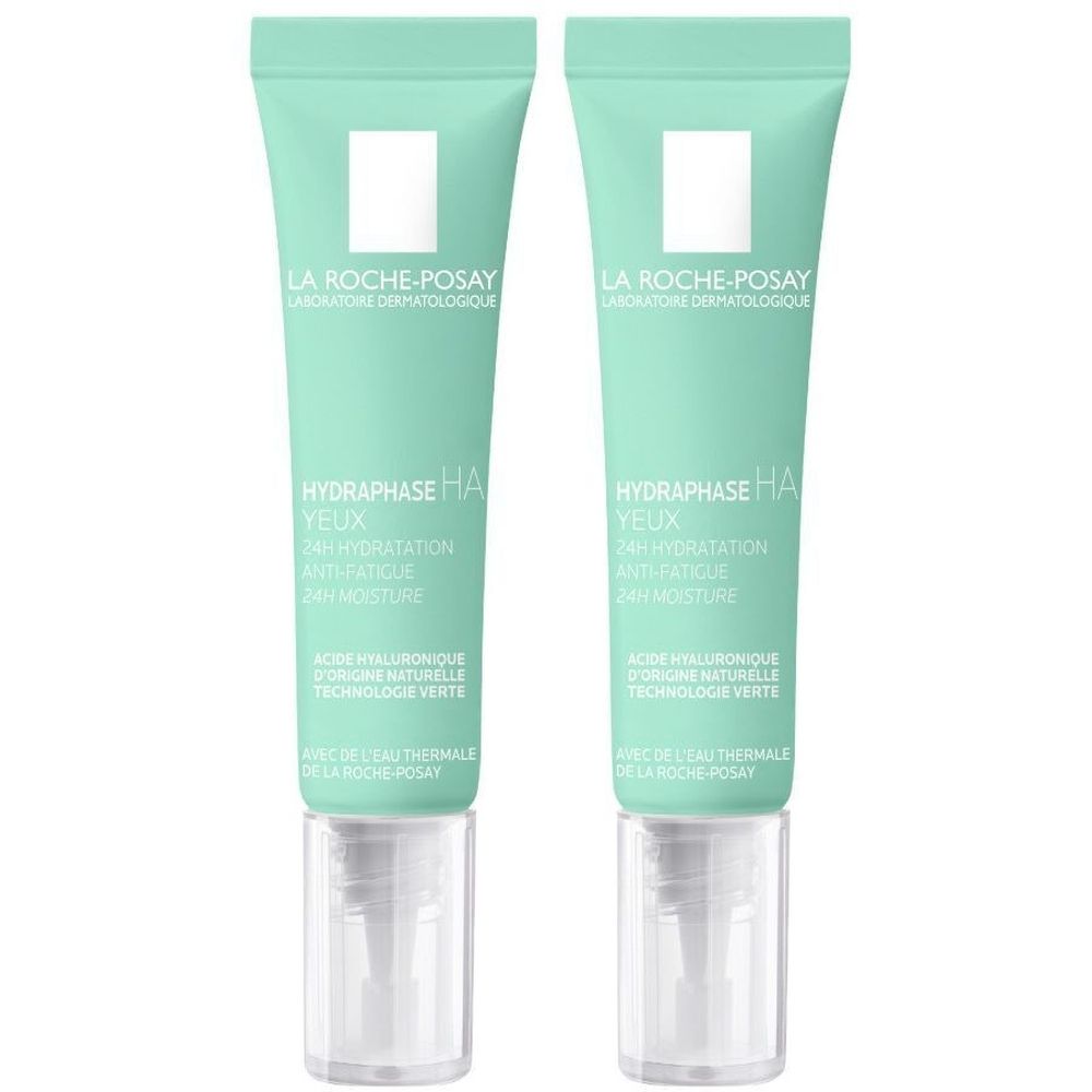 Deux tubes de La Roche-Posay Hydraphase Intense Yeux. Tubes turquoise avec bouchon blanc. Texte: Hydraphase HA, 24H Hydratation.
