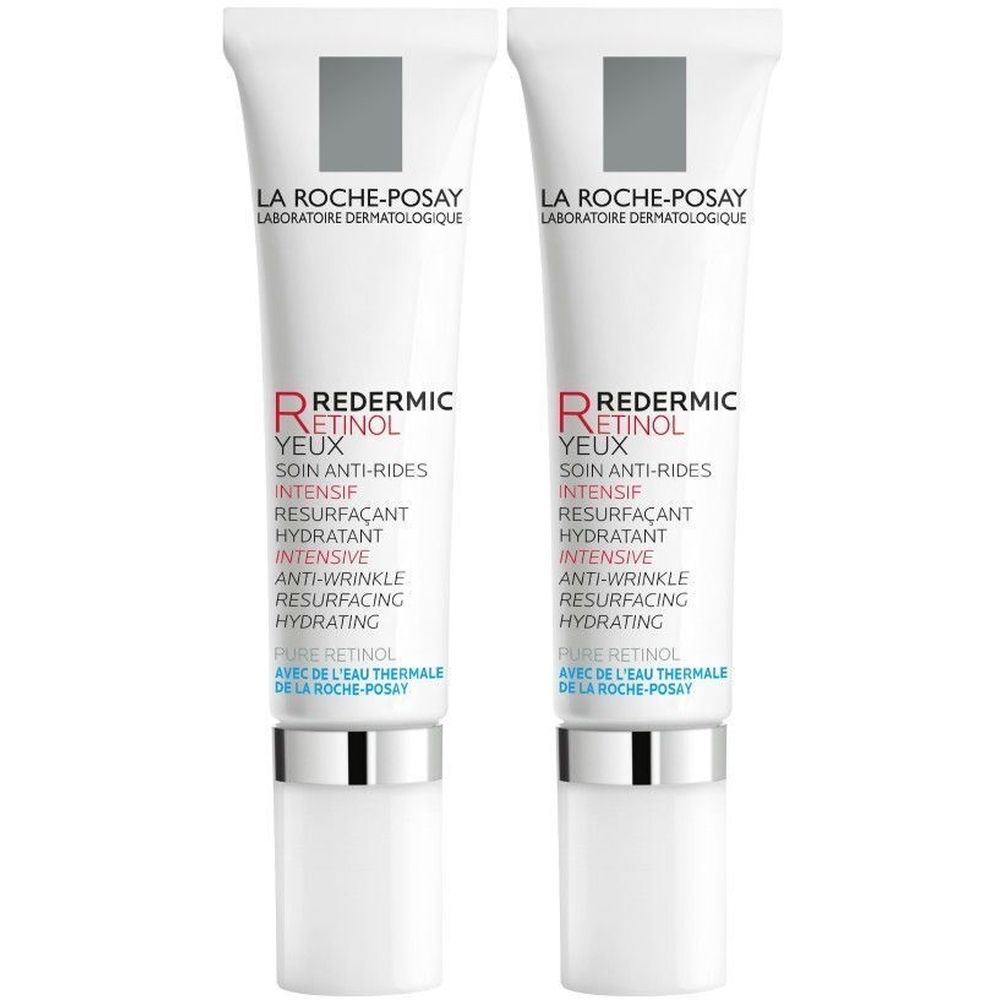 Deux tubes de La Roche-Posay Redermic R Yeux. Tubes blancs avec bouchons argentés. Texte : Redermic Retinol Yeux.