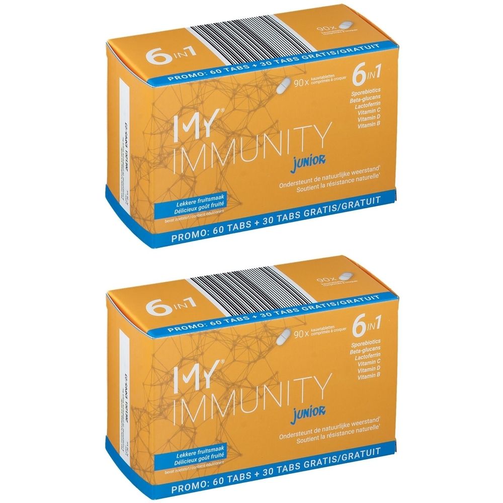 Twee dozen MY IMMUNITY Junior. Oranje verpakking met blauwe tekst. Bevat 60 + 30 tabletten. 6 in 1.