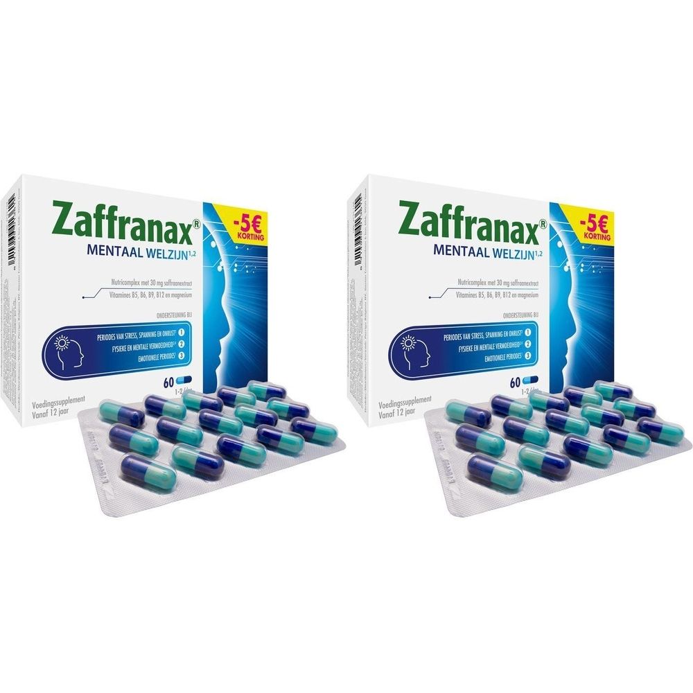Doos en blisterverpakking met capsules. Opschrift: Zaffranax Mentaal Welzijn. -5€ korting. Bevat 60 capsules.