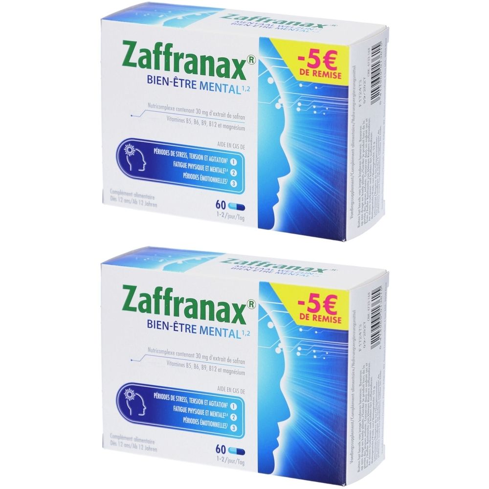 Deux boîtes de Zaffranax. Inscription : Bien-être mental. Autocollant de réduction -5 €. Emballage bleu et blanc. 60 gélules.