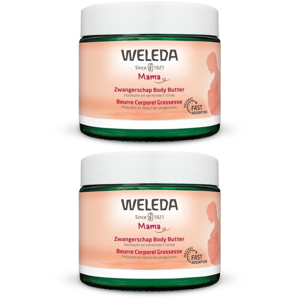 Deux pots de beurre corporel Weleda Mama. Couvercle blanc, bord vert, étiquette rose avec texte et silhouette de femme enceinte.