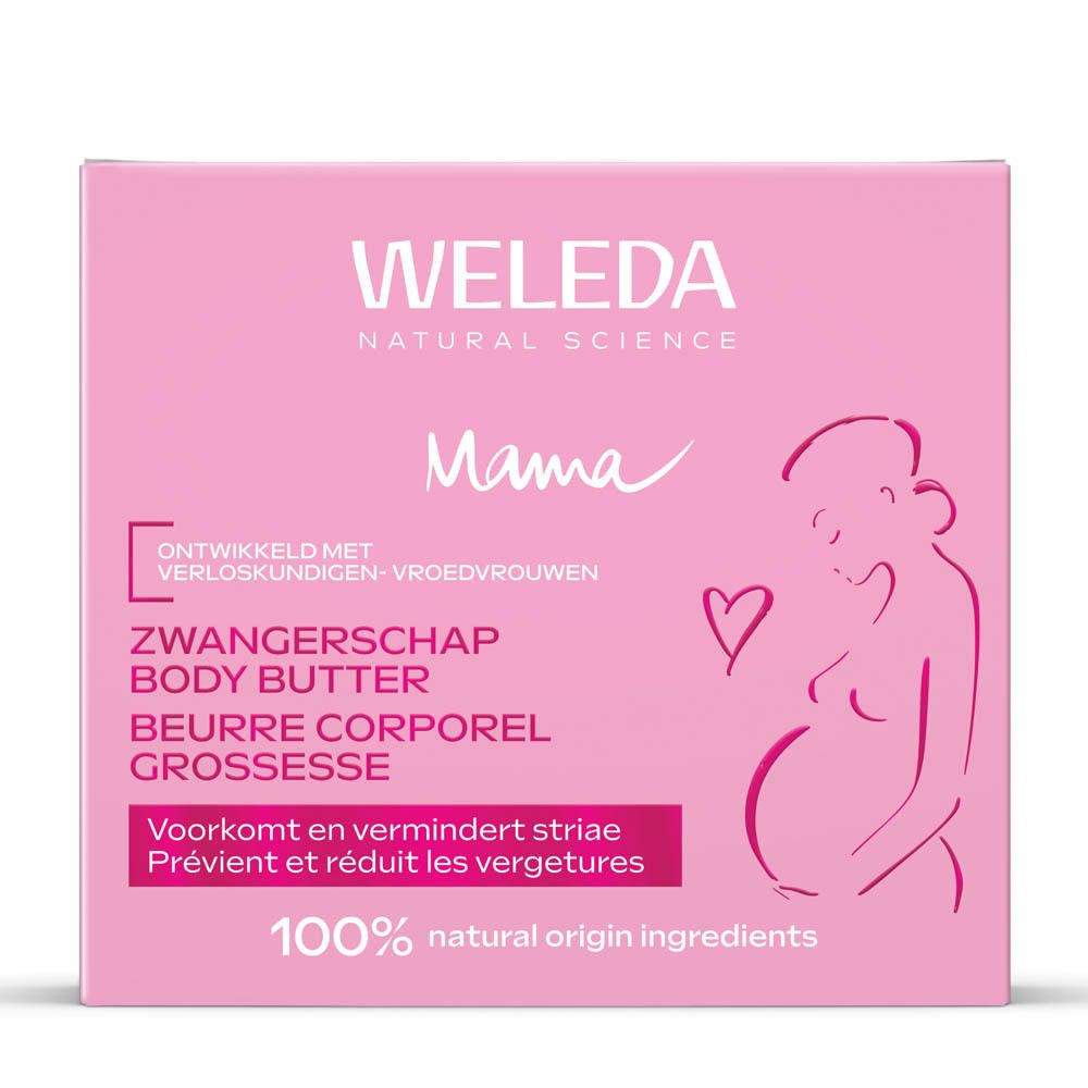Boîte de beurre corporel Weleda Mama Grossesse avec silhouette de femme.