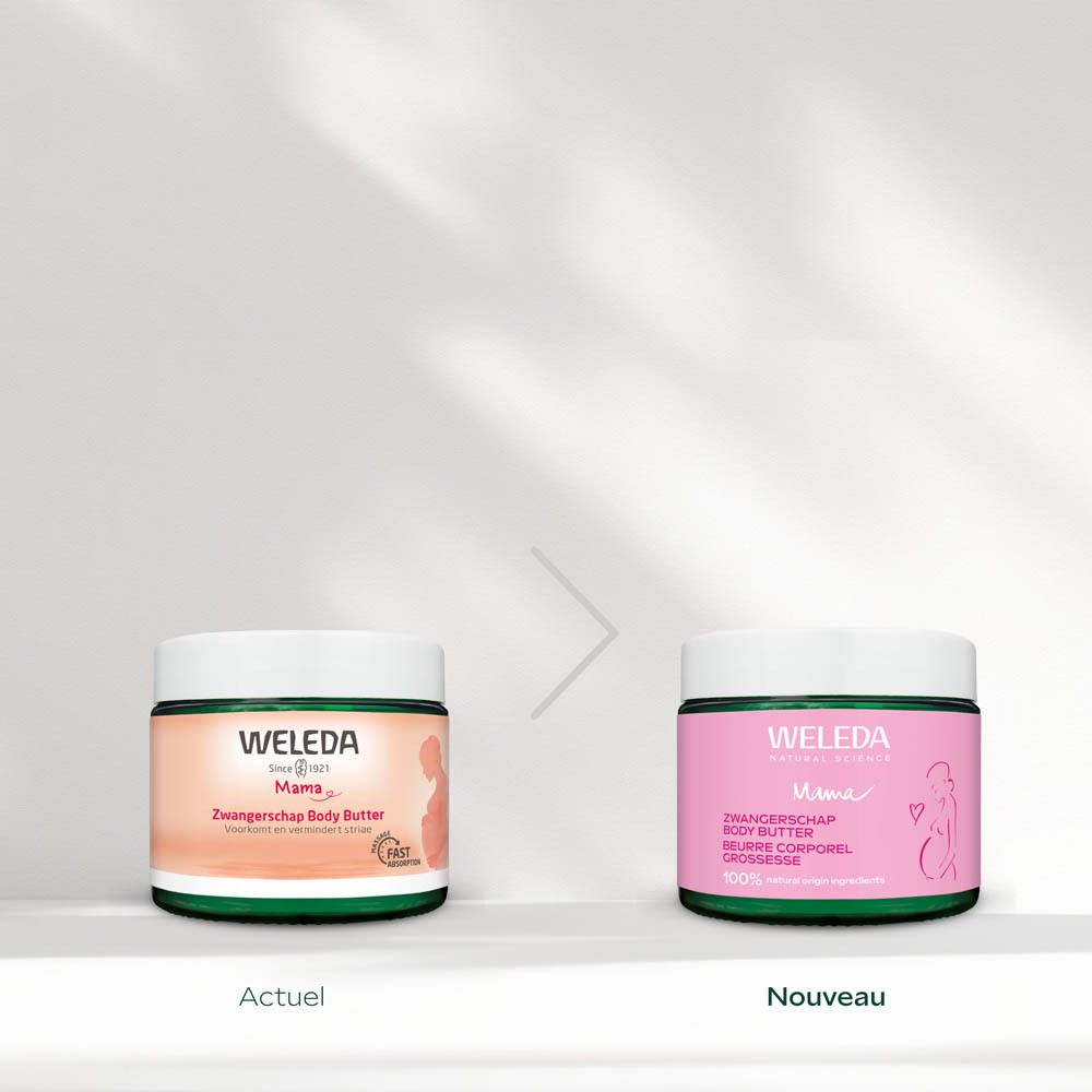 Comparaison : Beurre corporel Weleda Mama, ancien et nouveau.