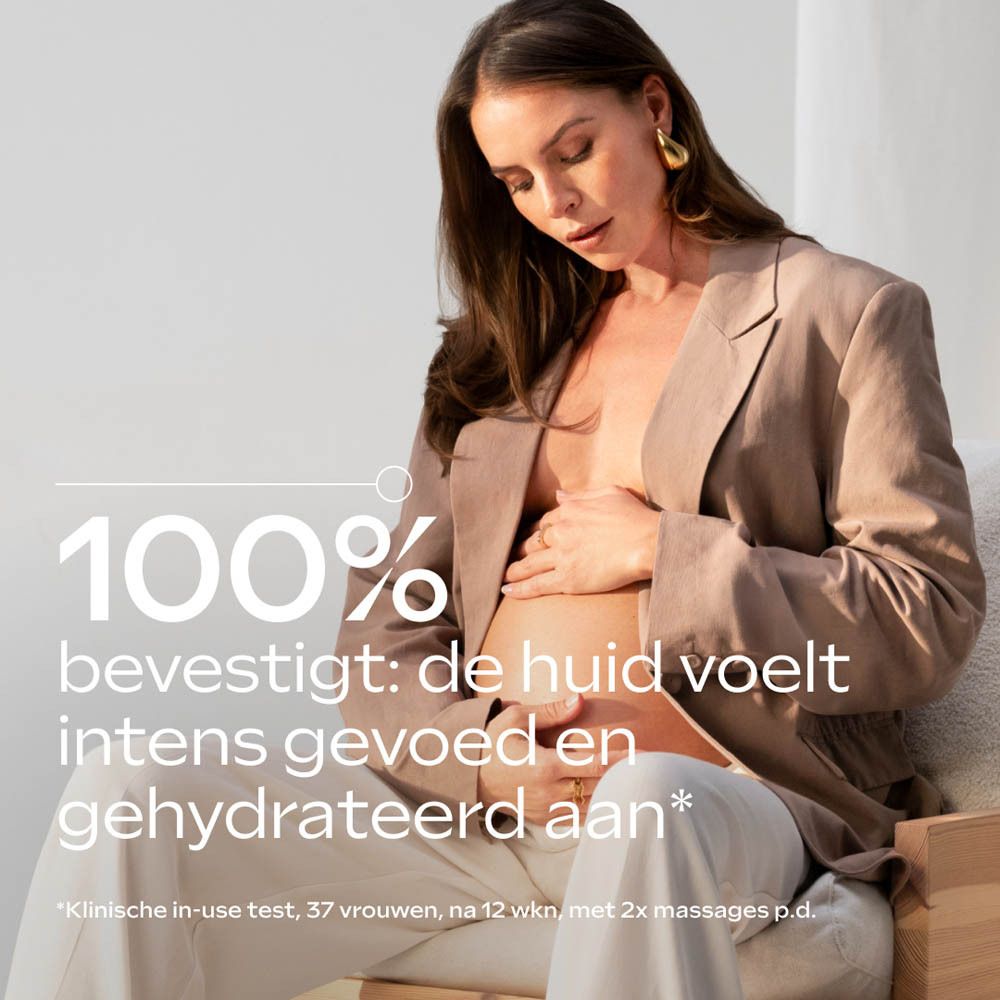 Zwangere vrouw met handen op buik, tekst: 100% bevestigt: huid voelt intens gevoed en gehydrateerd aan.