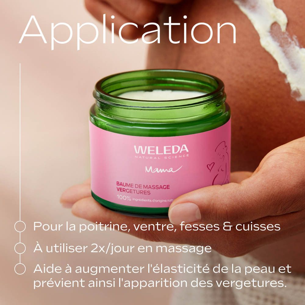 Main tenant un pot de beurre corporel Weleda Mama, instructions d'application.