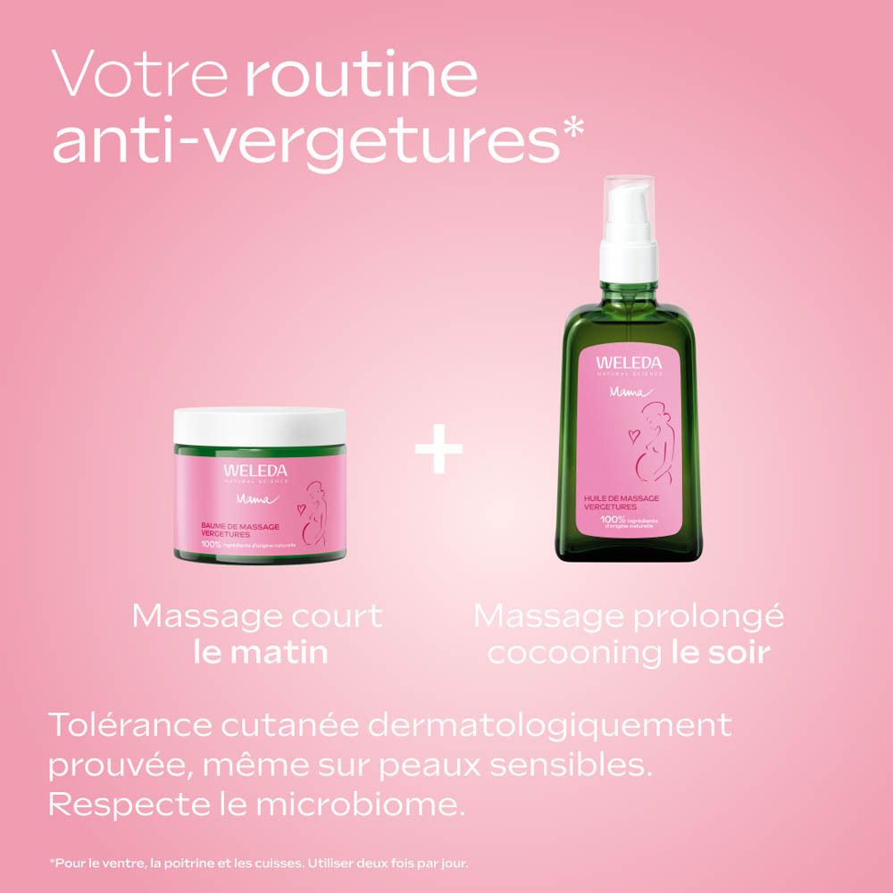 Beurre corporel et huile Weleda Mama pour routine anti-vergetures.