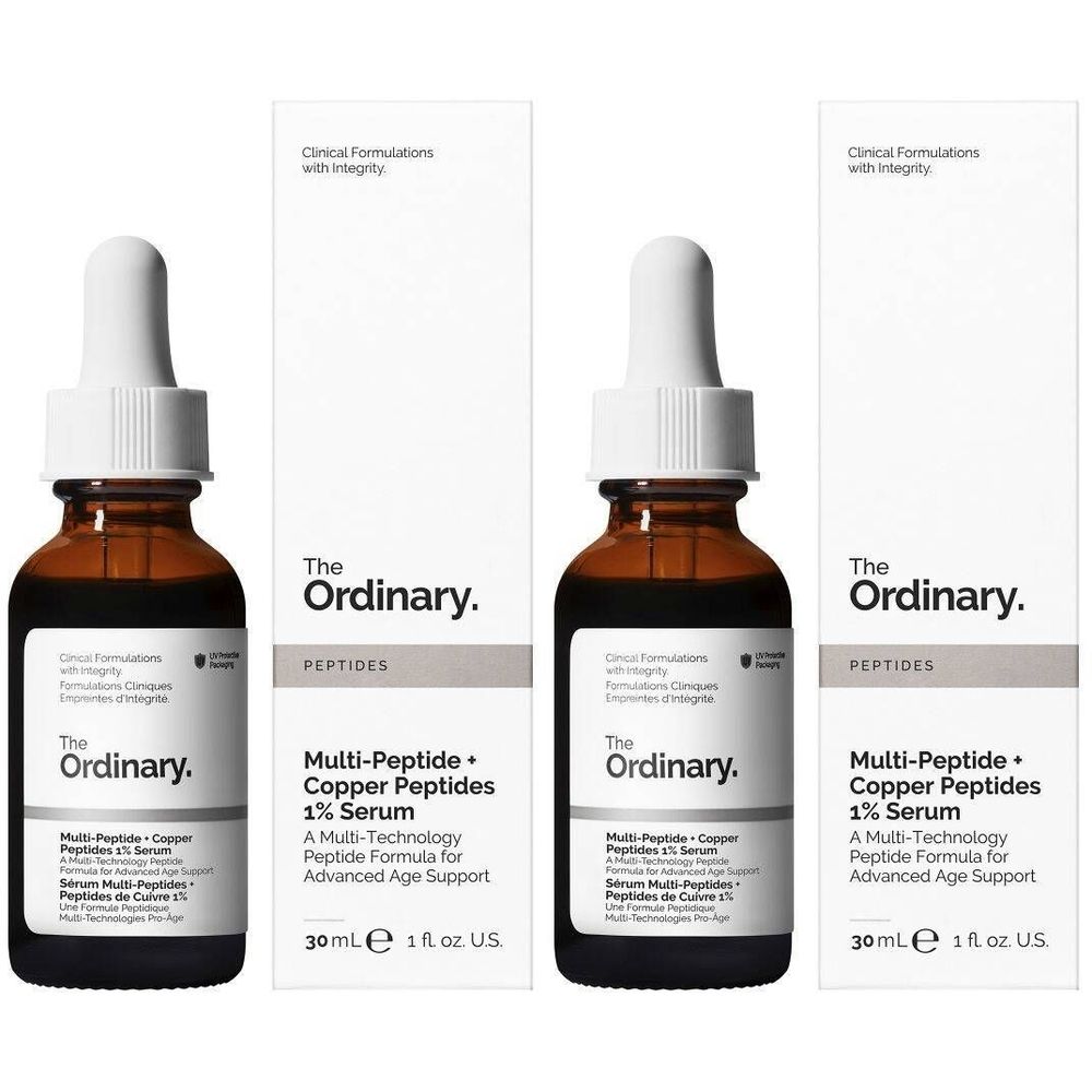 Bruine glazen flessen met pipet en witte verpakking. Opschrift: The Ordinary, Multi-Peptide + Copper Peptides 1% Serum.
