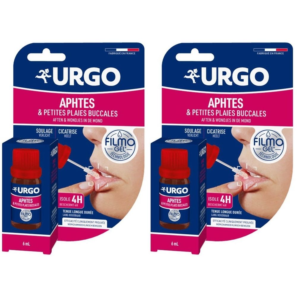 Twee verpakkingen van Urgo Filmogel. Elke verpakking bevat een flesje en een bijsluiter. Opschrift: APHTES & PETITES PLAIES BUCCALES.