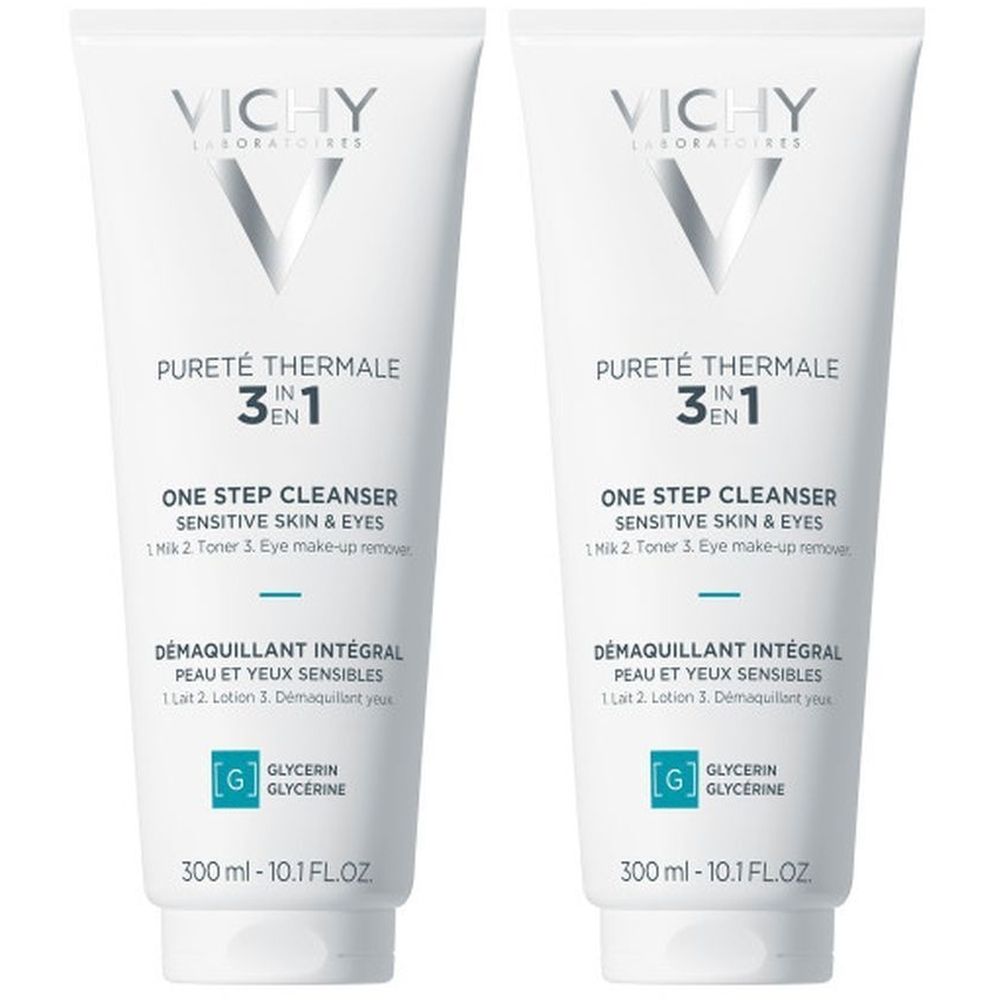 Deux tubes blancs. Inscription: VICHY, Pureté Thermale 3-en-1, One Step Cleanser, pour peaux sensibles, 300 ml.