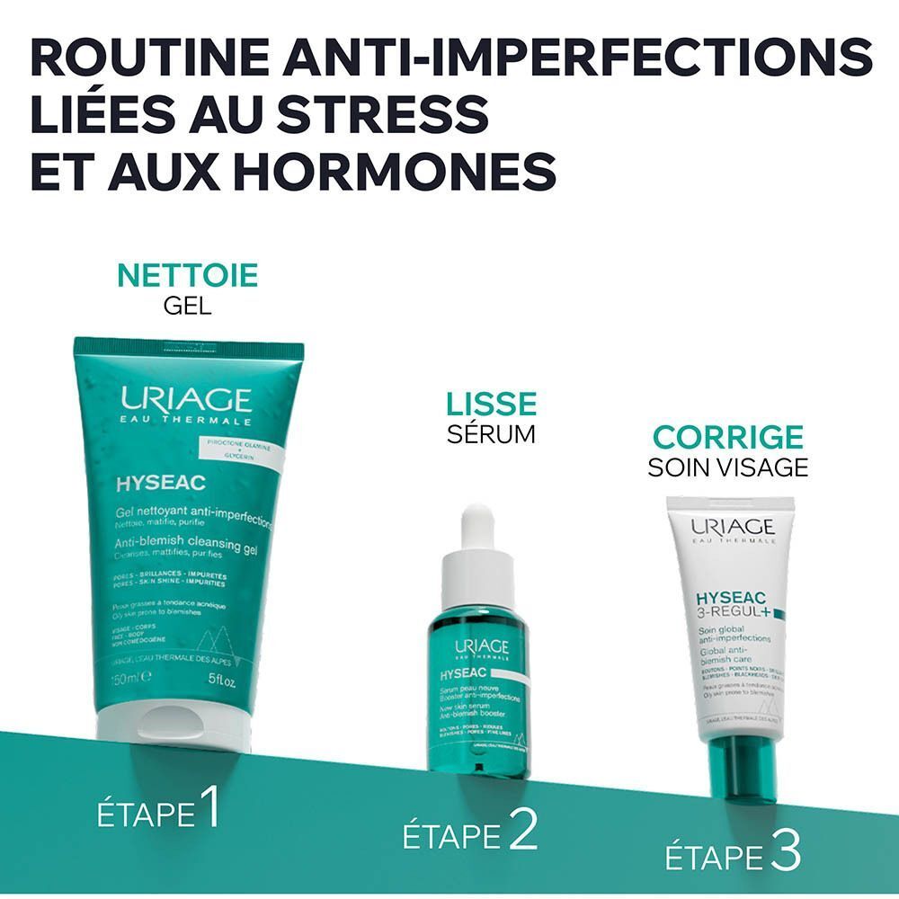 Routine de soins pour la peau : gel nettoyant, sérum et crème visage pour lutter contre les imperfections.