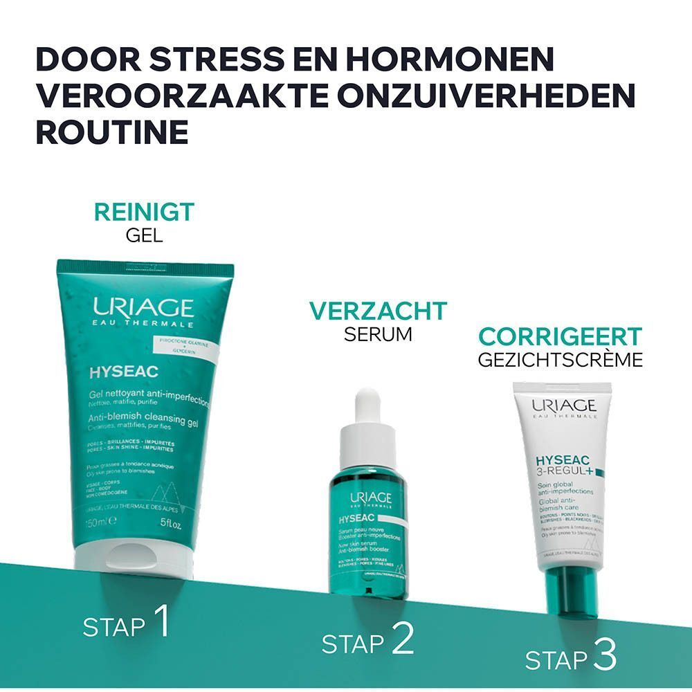 Uriage Hyseac: 3-stappen routine tegen onzuiverheden door stress en hormonen: Gel, Serum, Gezichtscrème.