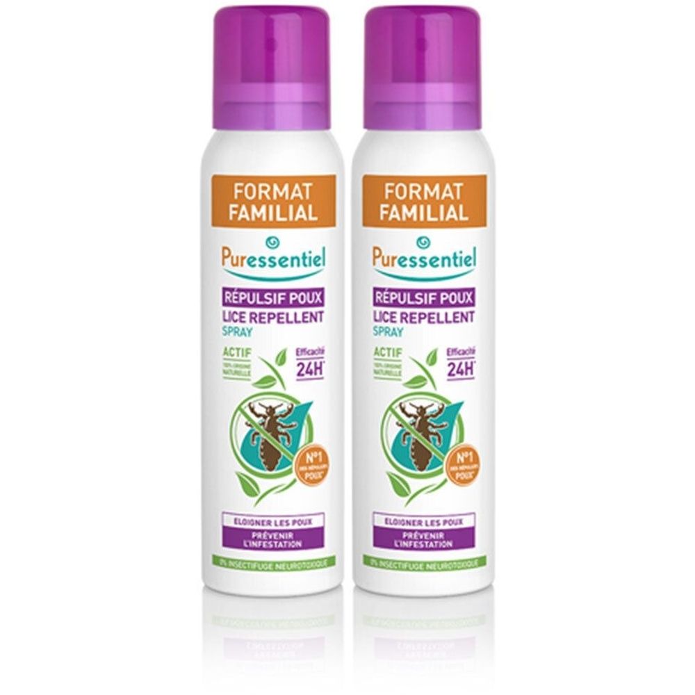 Deux sprays blancs avec bouchons violets. Inscription: Puressentiel, Répulsif Poux, Format Familial. Logo et texte.