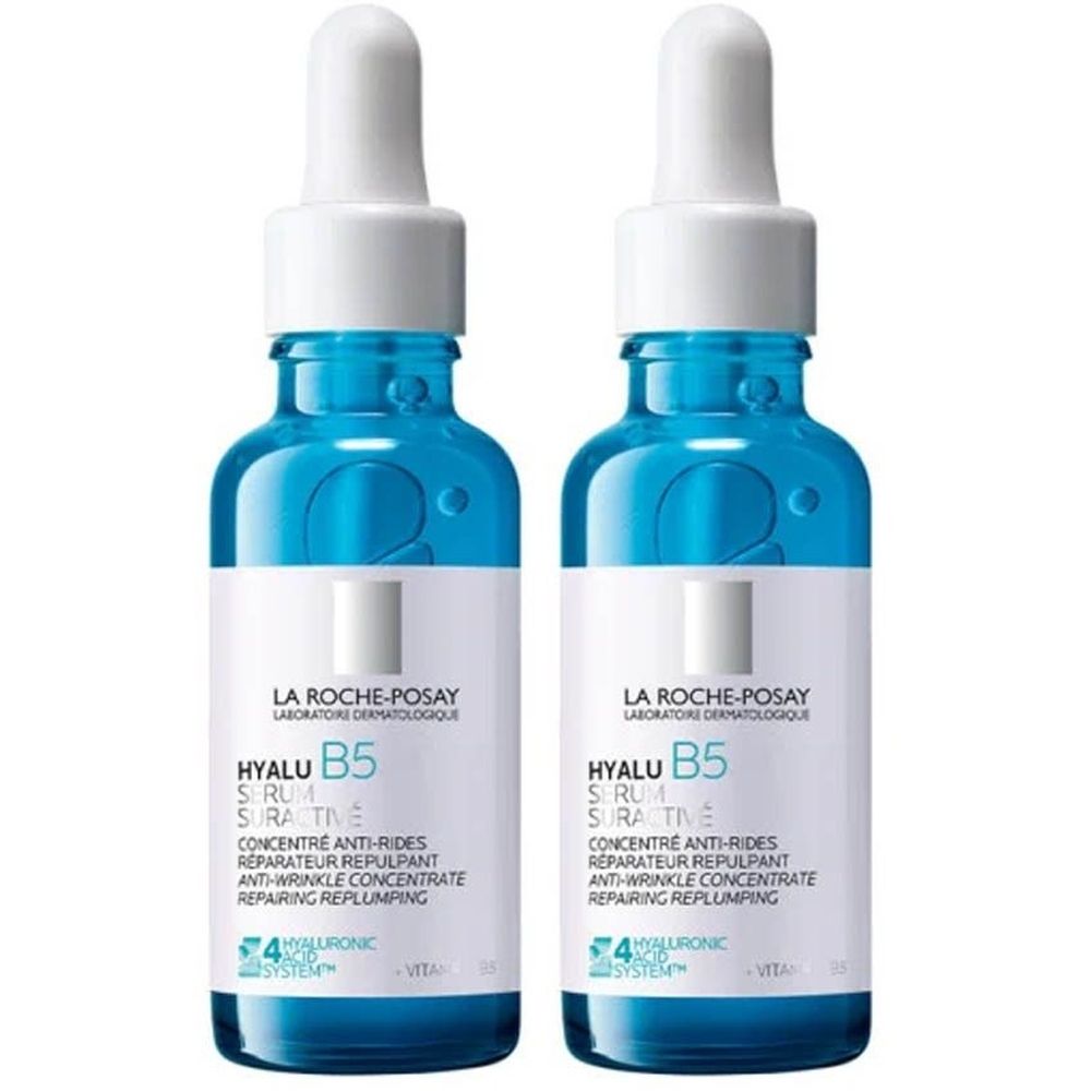 Twee blauwe flessen met witte dop. Opschrift: La Roche-Posay, Hyalu B5 Serum. Anti-rimpelconcentraat, herstellend.