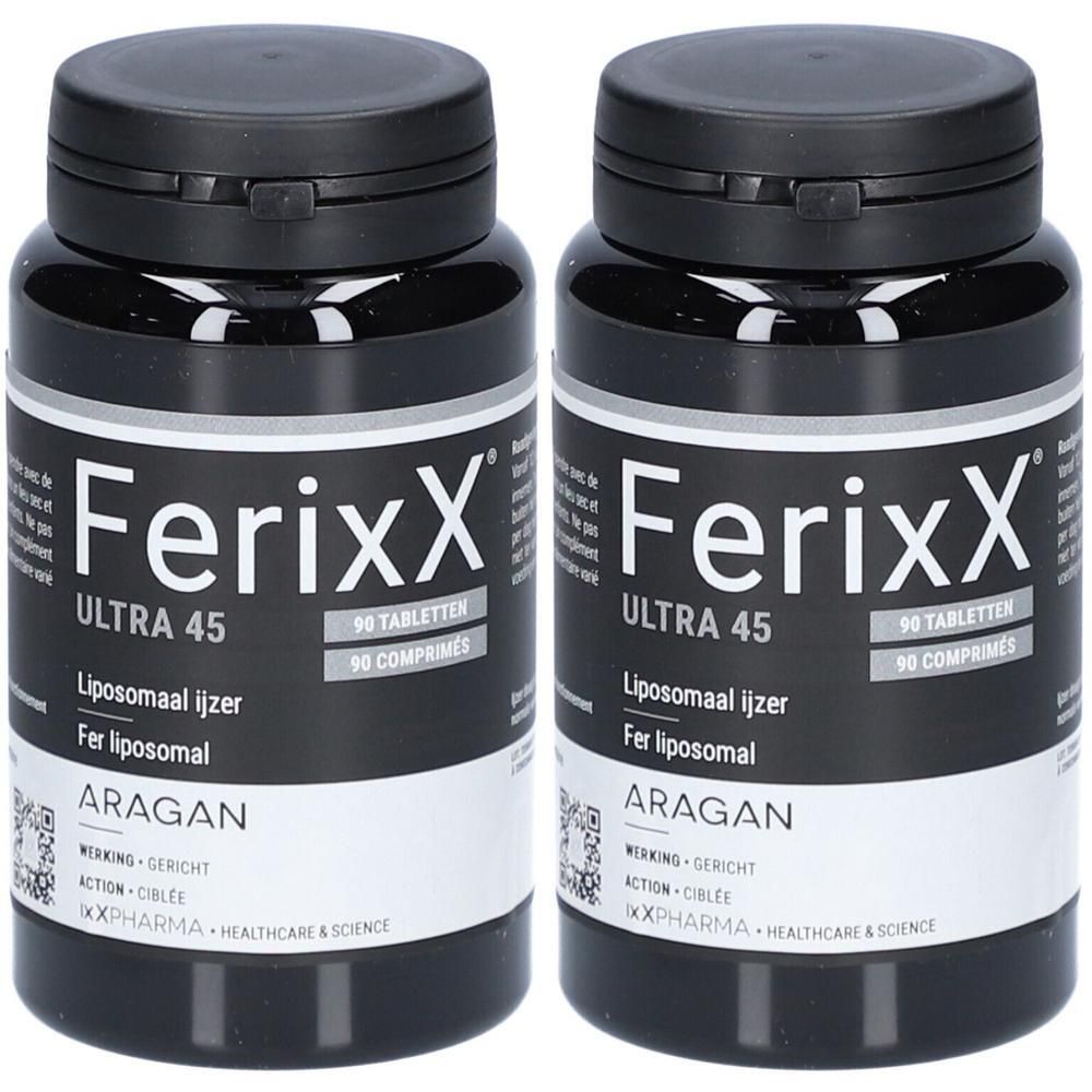 Deux flacons noirs avec texte blanc: Ferixx Ultra 45, Lipofer, 90 comprimés. Marque ARAGAN.