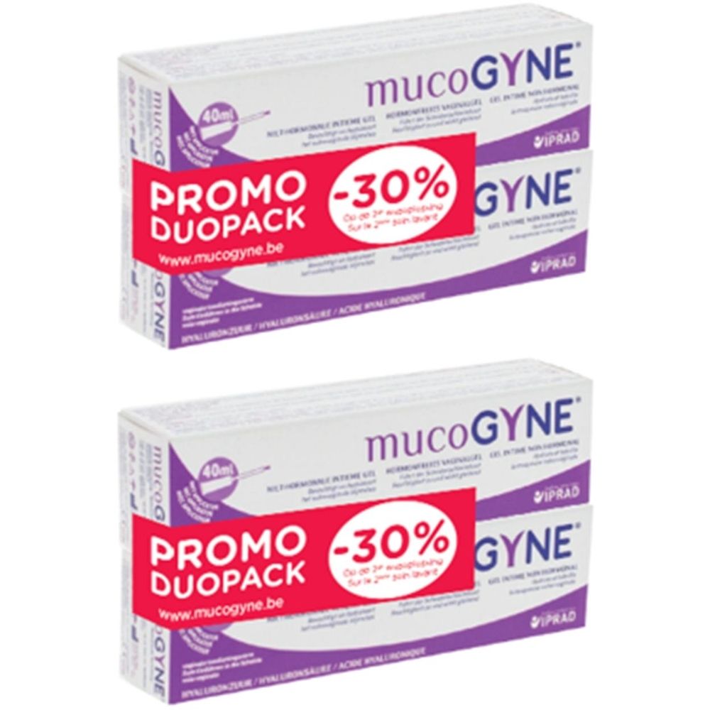 Deux boîtes "mucoGYNE". Autocollant rouge avec "-30%" et "PROMO DUOPACK". Emballage violet et blanc.