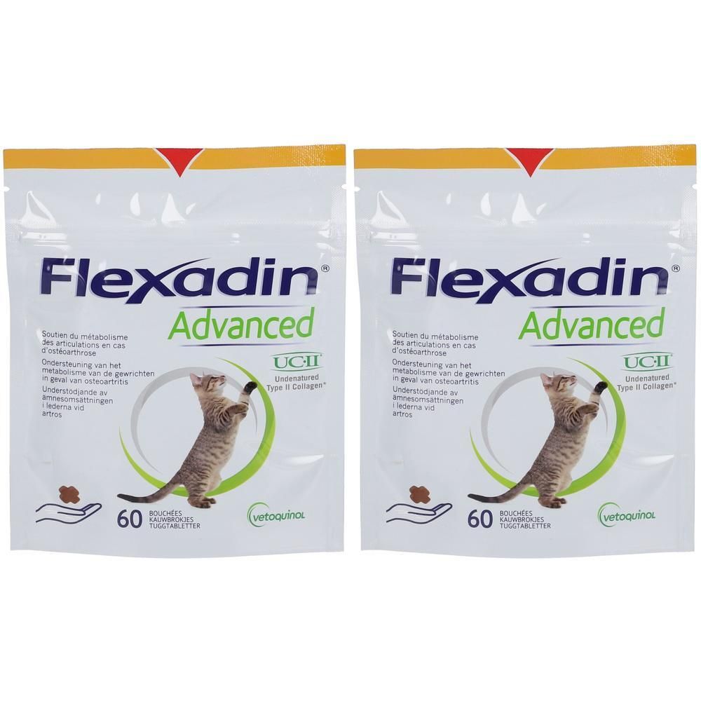 Twee zakjes Flexadin Advanced. Wit, met productnaam en kattenillustratie. Bevat 60 tabletten.