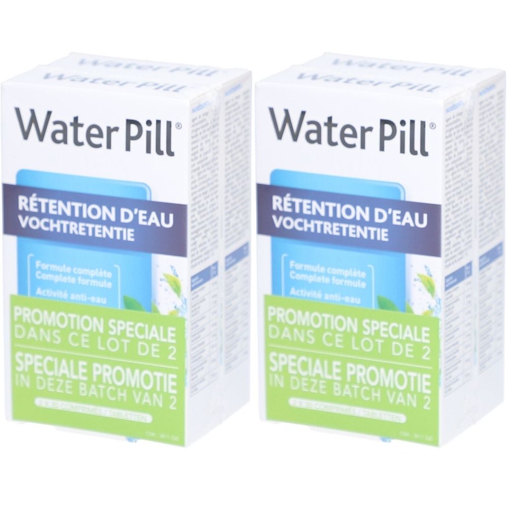 Twee witte dozen met "Water Pill". Tekst in het Frans en Nederlands: "Rétention d'eau" en "Vochtretentie". Speciale promotie voor 2.