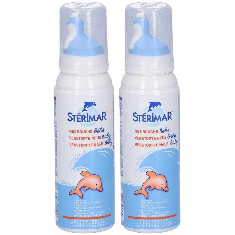 Twee flessen Sterimar Spray Nasal Hypertonique Bébé. Witblauwe verpakking met logo, dolfijn en tekst.