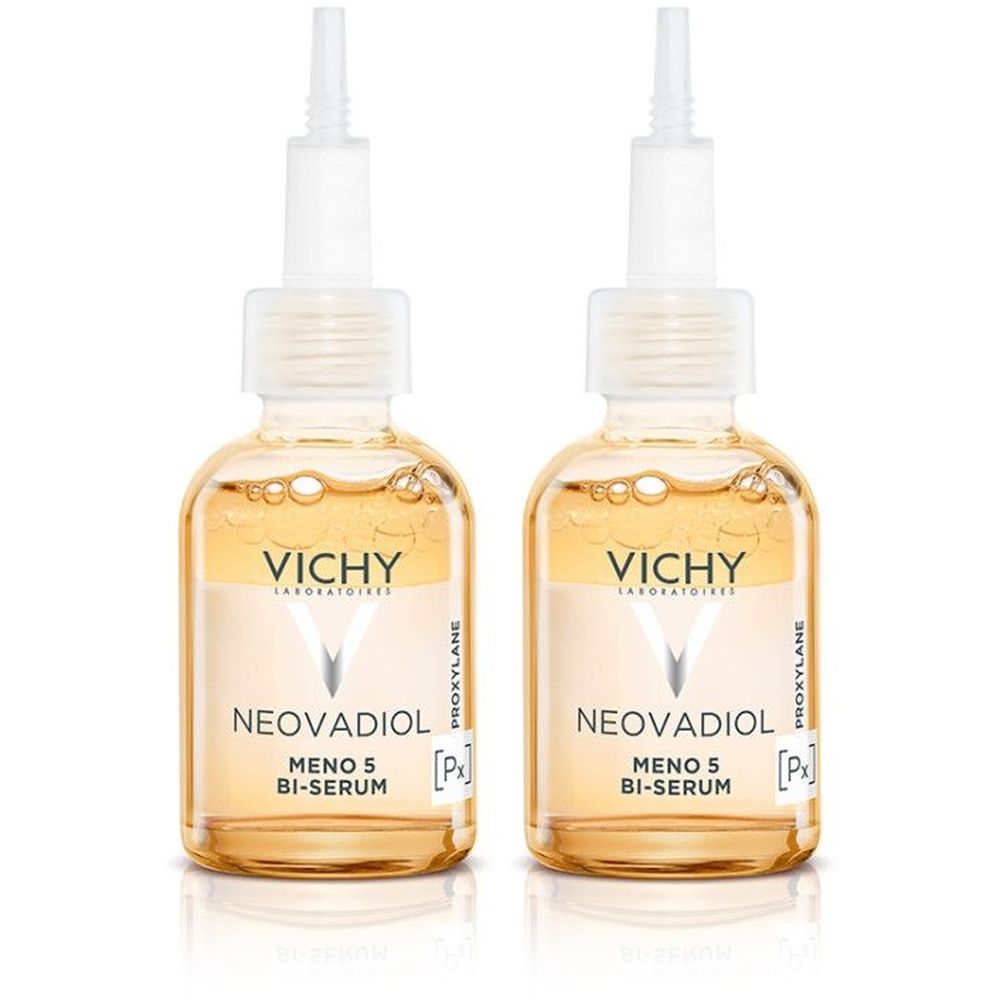 Twee serumflacons met witte applicator. Opschrift: VICHY, NEOVADIOL Meno 5 Bi-Serum.