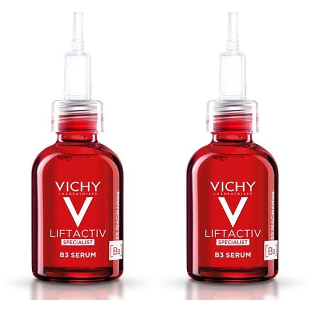 Twee rode flacons met witte applicator. Op elke flacon staat "VICHY LIFTACTIV SPECIALIST B3 SERUM".