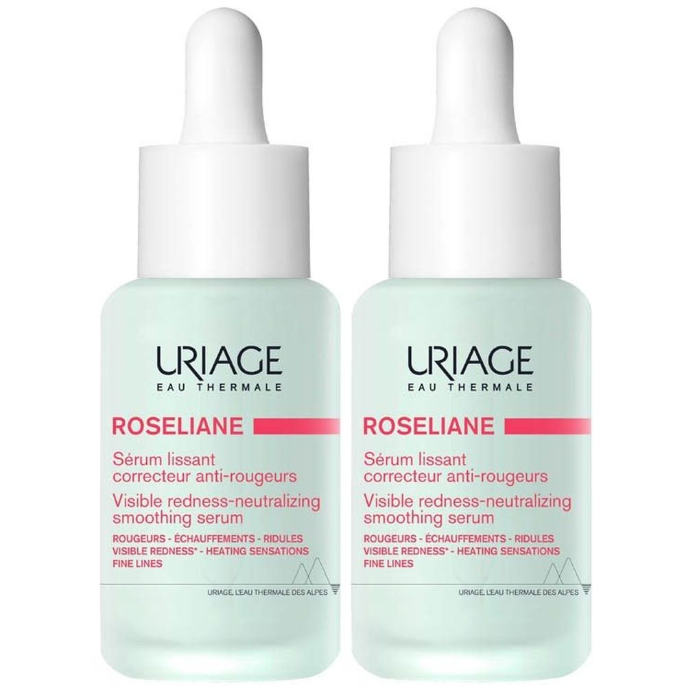 Twee flacons Uriage Roséliane serum. Lichtgroene flacons met witte dop en pipet. Rode streep met productnaam.