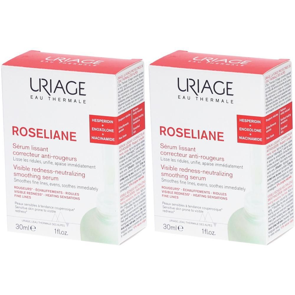 Twee dozen Uriage Roséliane serum. Rode en witte verpakking met productnaam en info. 30ml.