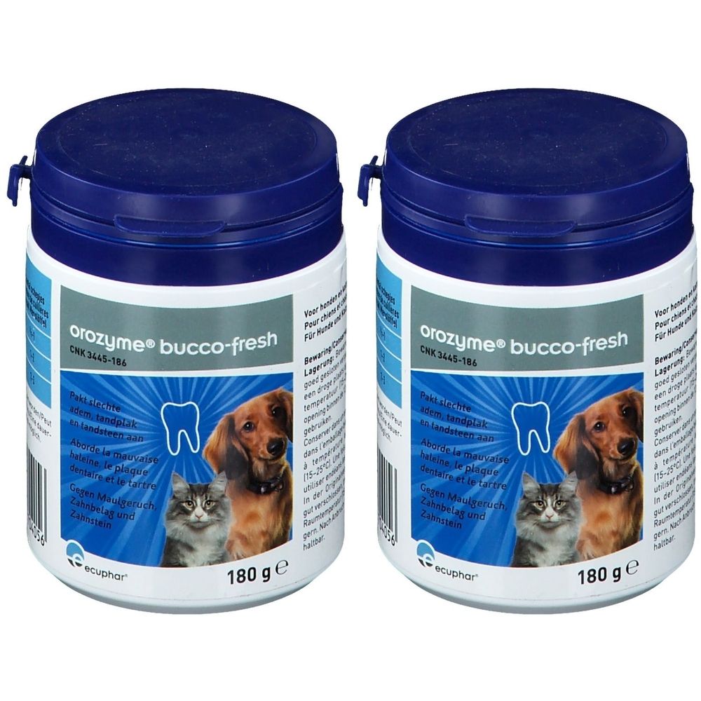 Deux boîtes de Orozyme bucco-fresh. Couvercles bleus, récipients blancs avec étiquette. Chien, chat et symbole dentaire. 180 g.