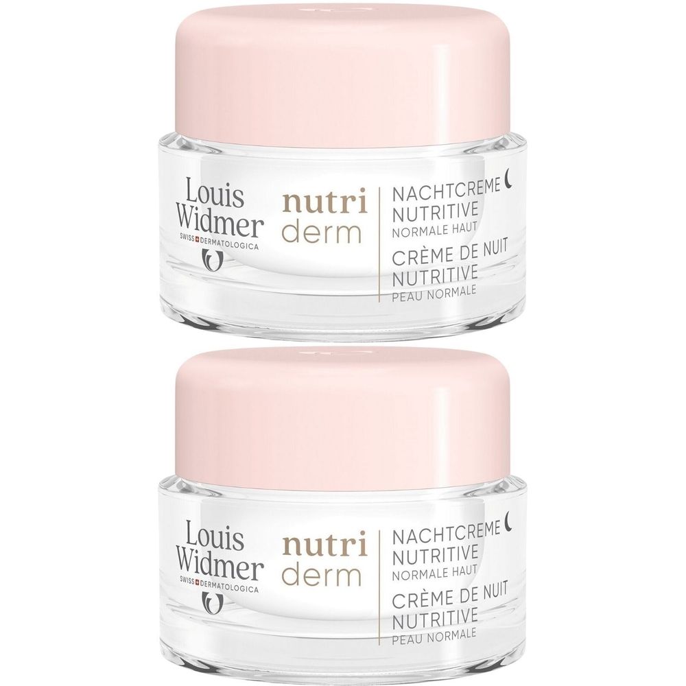 Twee potten Louis Widmer Nutriderm nachtcrème. Glazen potten met roze deksels. Opschriften: Nutriderm, Nachtcreme, Crème de Nuit.