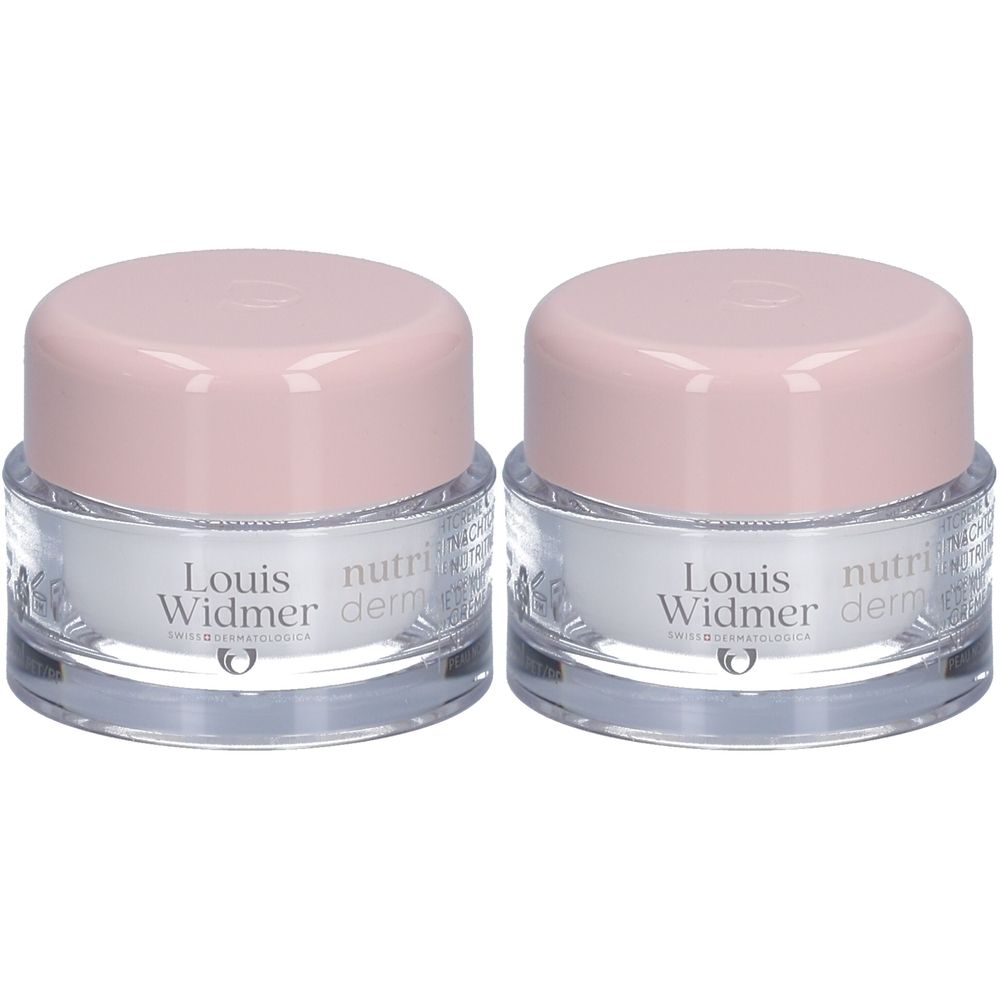 Twee potjes Louis Widmer Nutriderm nachtcrème. Transparante potjes, roze deksels. Opschrift vooraan.