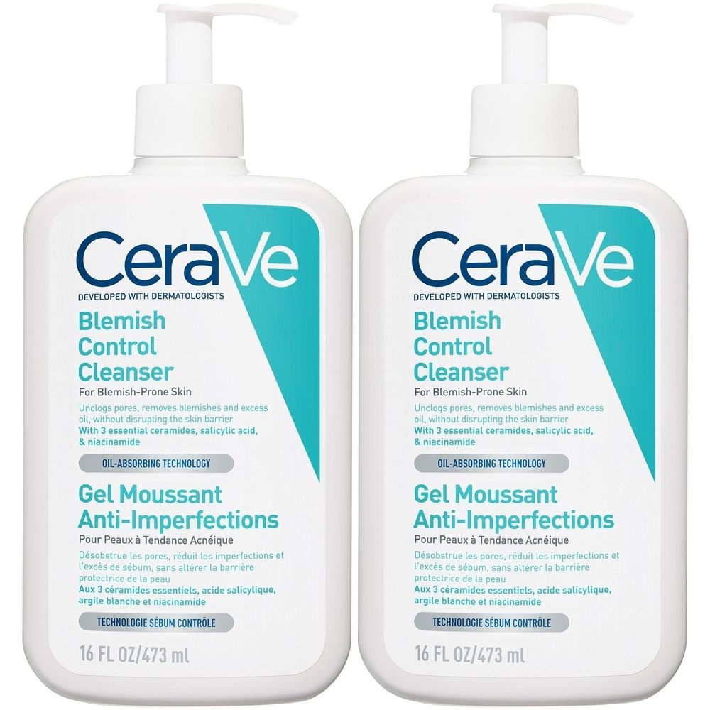 Twee witte flessen CeraVe Gel Moussant Anti-Imperfections. Tekst: Blemish Control Cleanser, Pour Peaux à Tendance Acnéique.