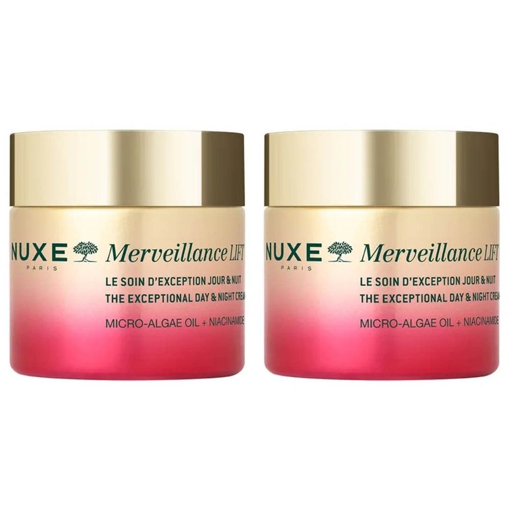 Deux pots de Nuxe Merveillance Lift. Couvercle doré, contenant rose. Inscription: Le Soin d'Exception Jour & Nuit.