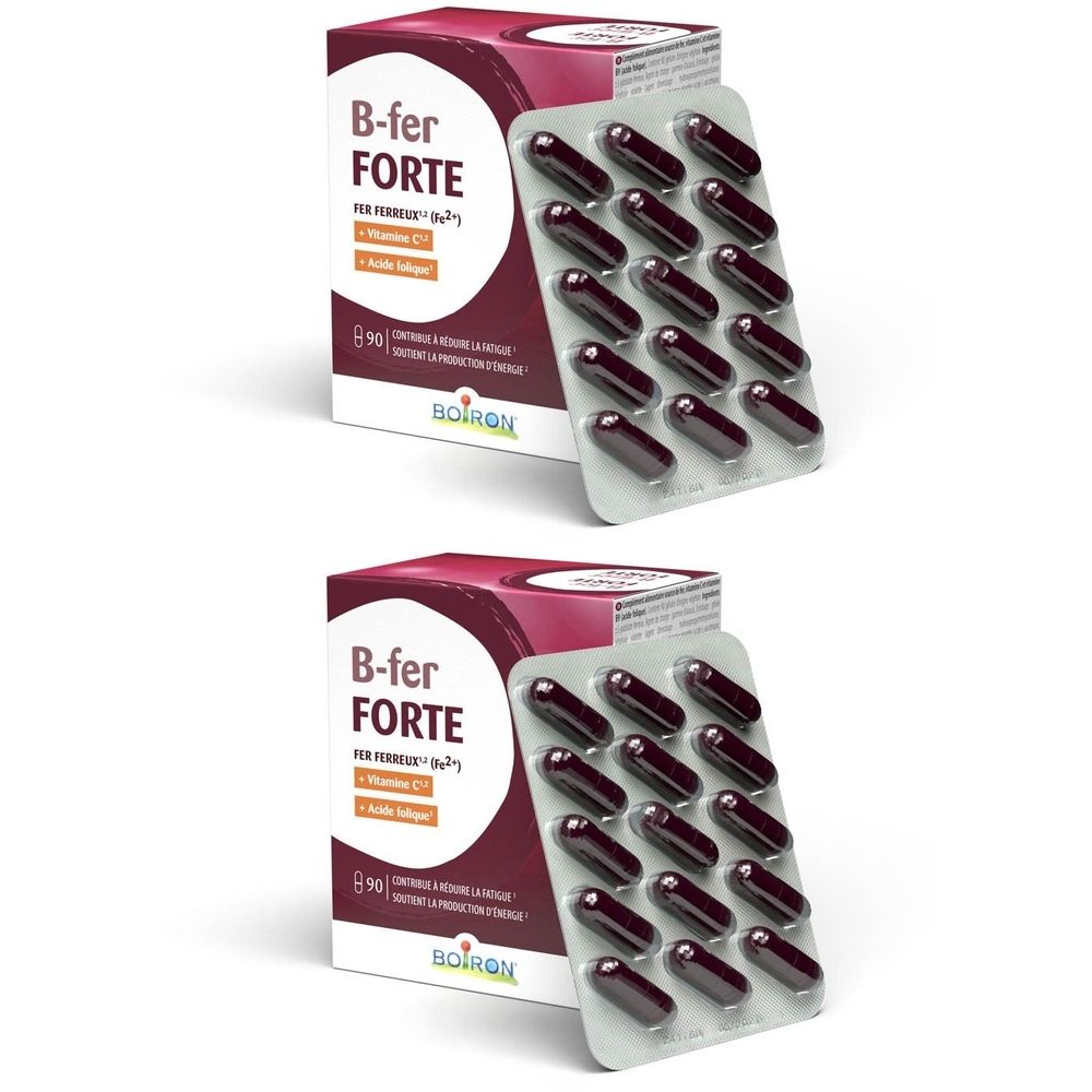 Boîte et blister de gélules. Inscription: B-fer FORTE, vitamine C, acide folique. Marque: Boiron.