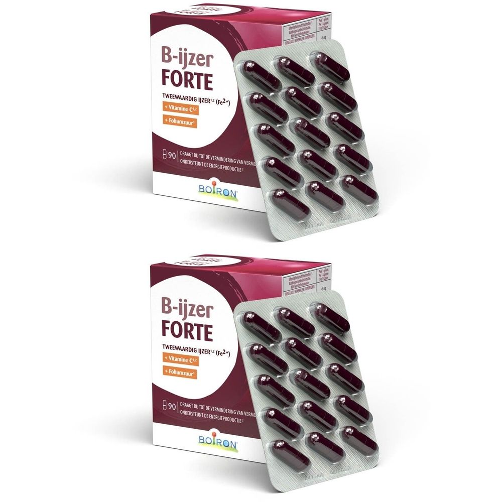 Verpakking en blister met capsules. Opschrift: B-ijzer FORTE, vitamine C, 90 capsules. Merk: Boiron.