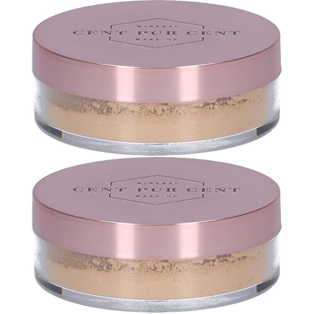 Twee ronde potten met roze deksels. Opschrift: Cent Pur Cent Mineral Make-up. Inhoud: los poeder.