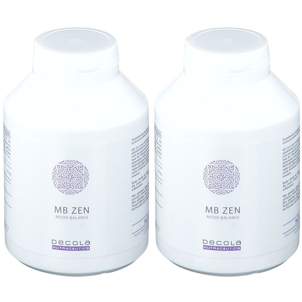 Twee witte flessen met doppen. Opschrift MB ZEN, Mood Balance en Decola Nutraceutics. Paars patroon.