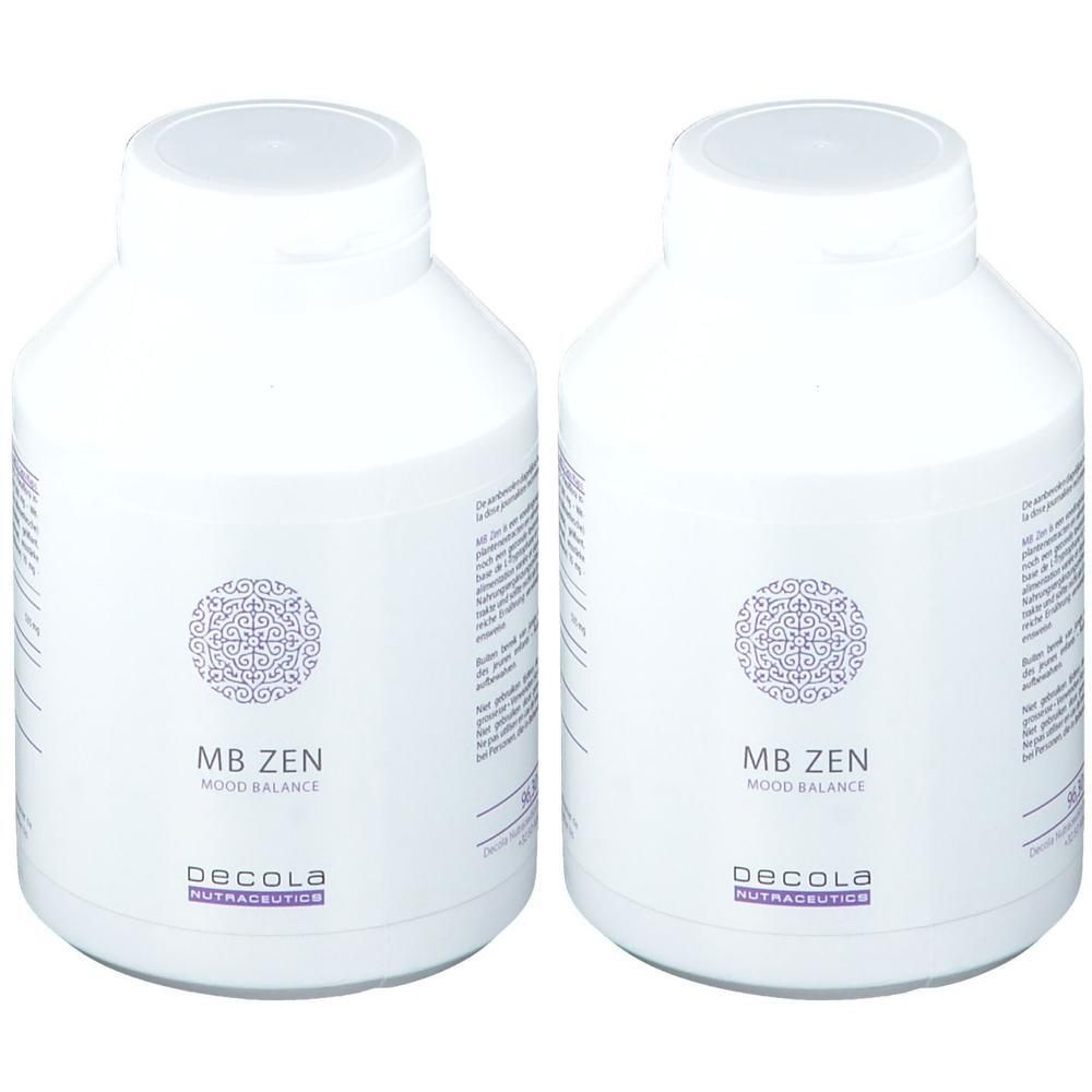 Twee witte flessen met deksels. Opschrift: MB ZEN, Mood Balance, Decola Nutraceutics. Ornamentaal patroon.