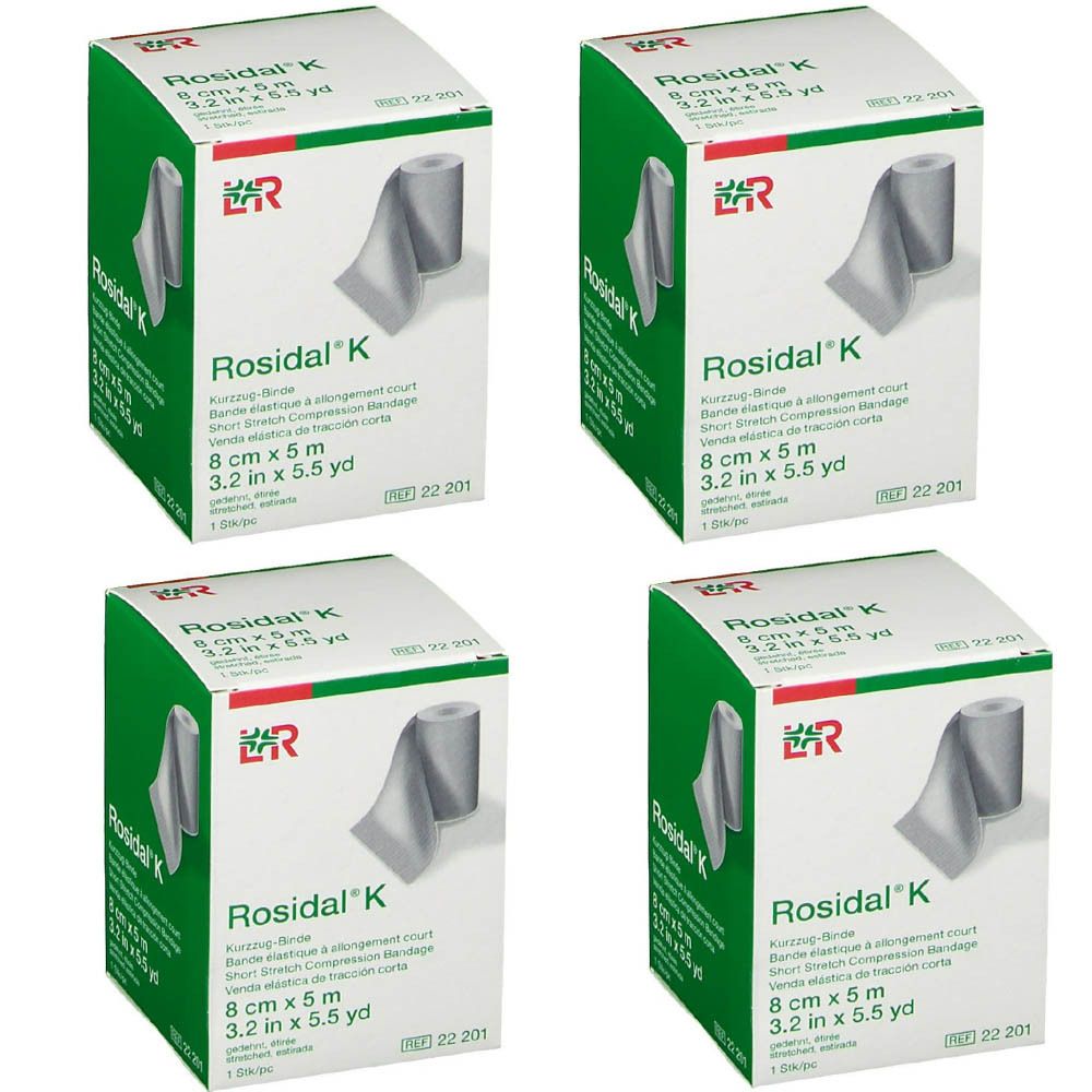 Vier dozen Rosidal K. Opschrift: 8 cm x 5 m, 3.2 in x 5.5 yd. Groen-witte verpakking met logo en productnaam.