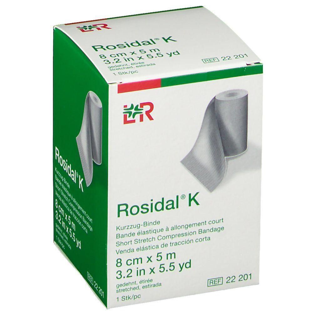 Boîte de bandage de compression Rosidal® K. Dimensions : 8 cm x 5 m. Emballage vert et blanc avec image du produit et logo.