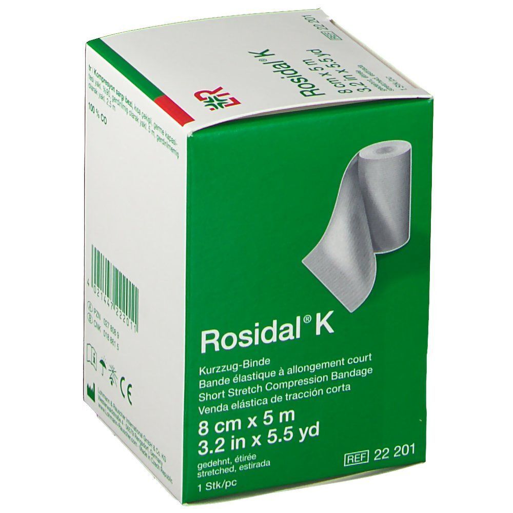 Boîte de bandage de compression Rosidal® K. Dimensions : 8 cm x 5 m. Emballage vert et blanc avec image du produit et logo.