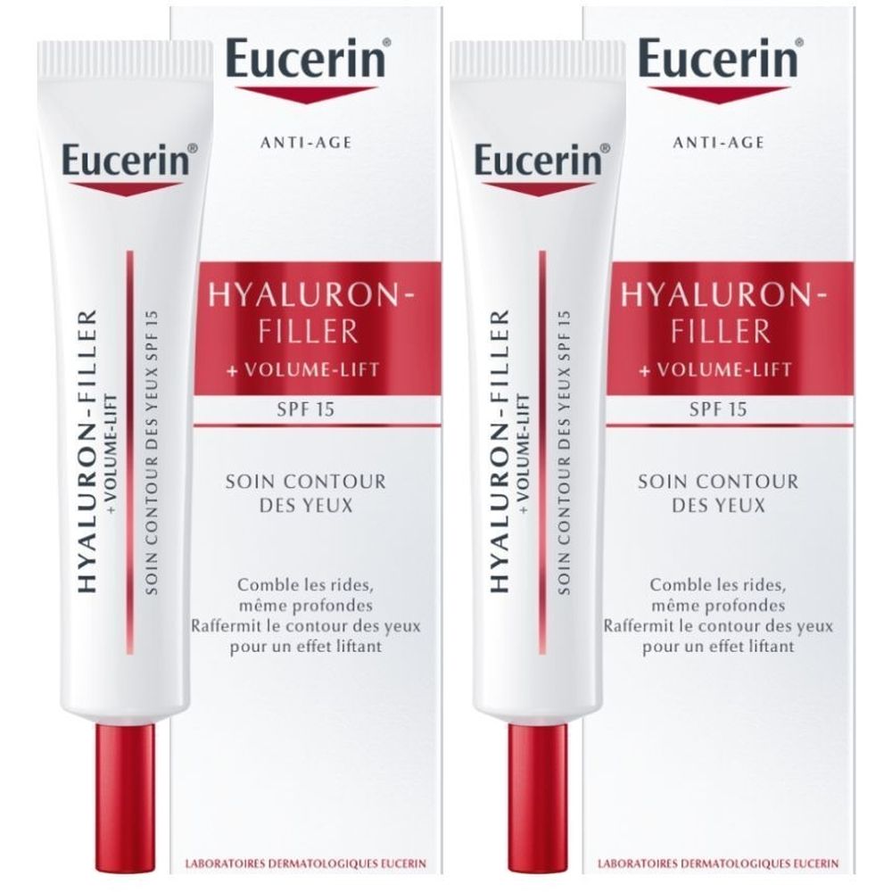 Deux tubes de Eucerin Hyaluron-Filler + Volume-Lift Soin Contour des Yeux SPF15. Tubes blancs, texte rouge, bouchon rouge, dans un emballage.