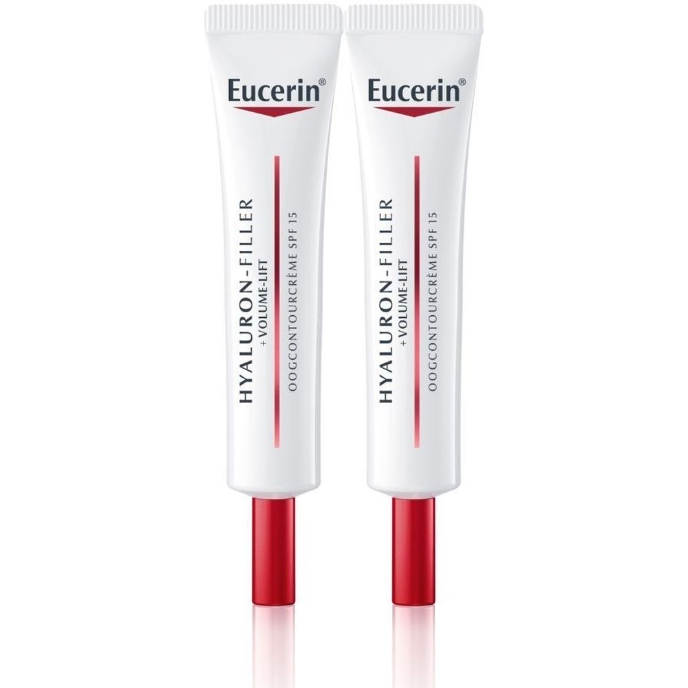 Twee tubes Eucerin Hyaluron-Filler + Volume-Lift Soin Contour des Yeux SPF15. Witte tubes, rode tekst en dop.
