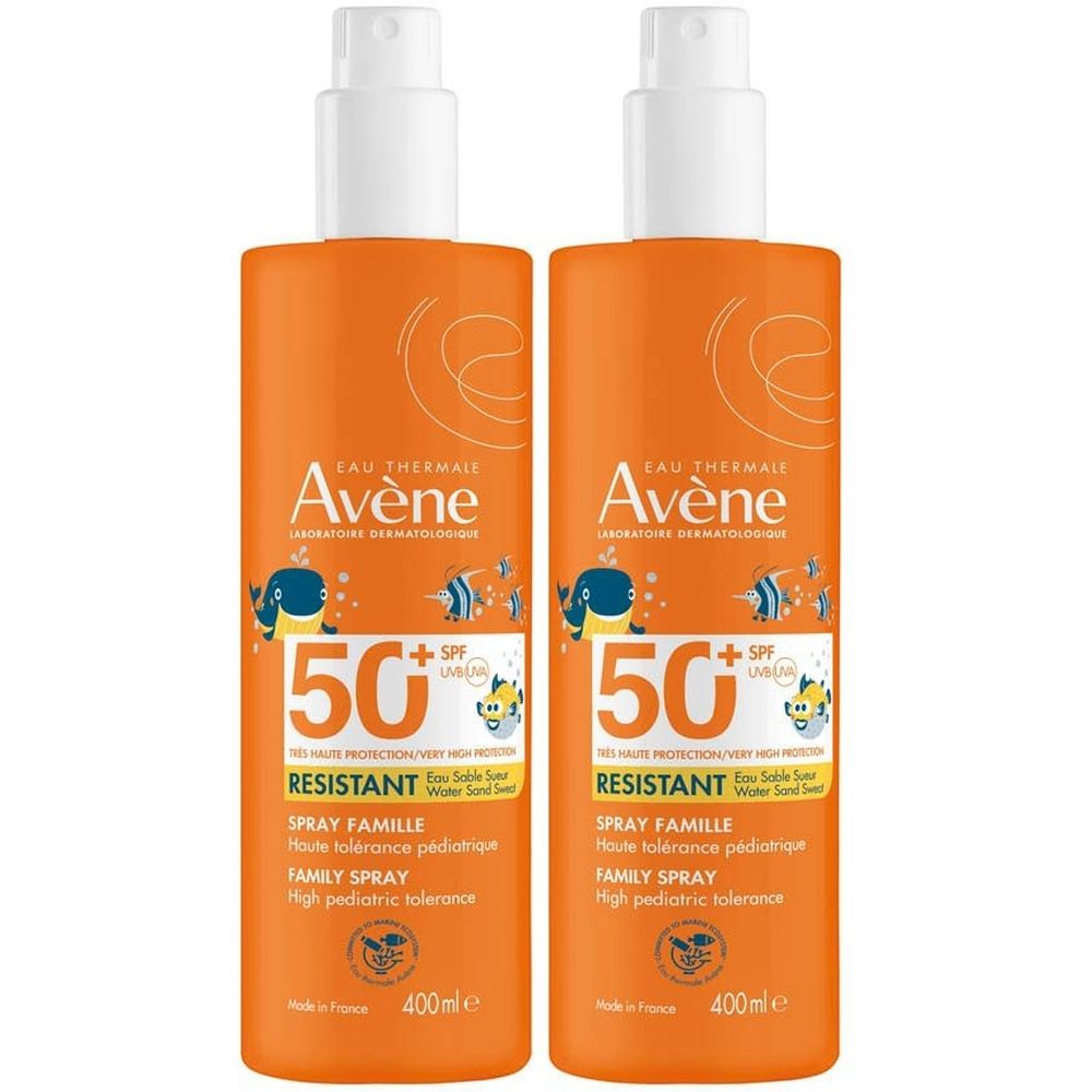 Deux flacons spray orange avec bouchons blancs. Inscription: Avène, SPF 50+, Spray Famille. Illustrations de poissons.