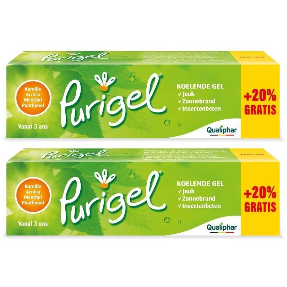 Twee groene dozen met "Purigel" en tekst. Bevat +20% GRATIS. Qualiphar-logo.