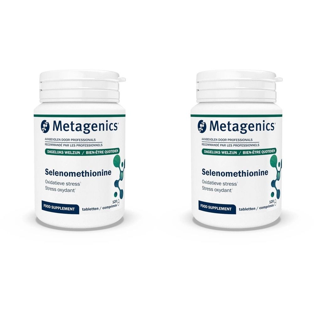 Twee witte flessen met het etiket "Metagenics Selenomethionine". Opschrift: Oxidatieve stress, voedingssupplement.