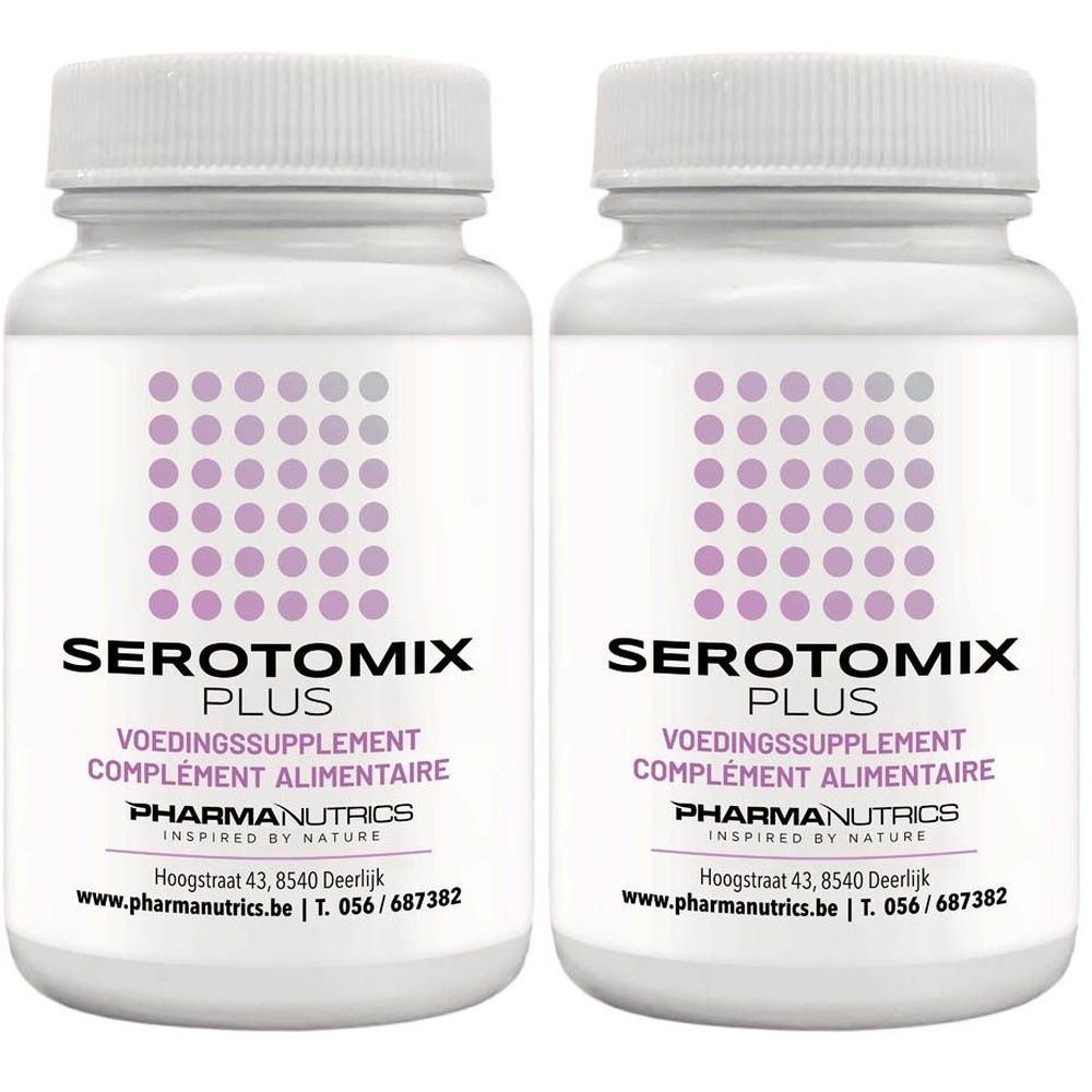 Twee witte flessen met SEROTOMIX PLUS-etiketten. Paarse stippen en tekst. Merk: PharmaNutrics. Voedingssupplement, Complément alimentaire.