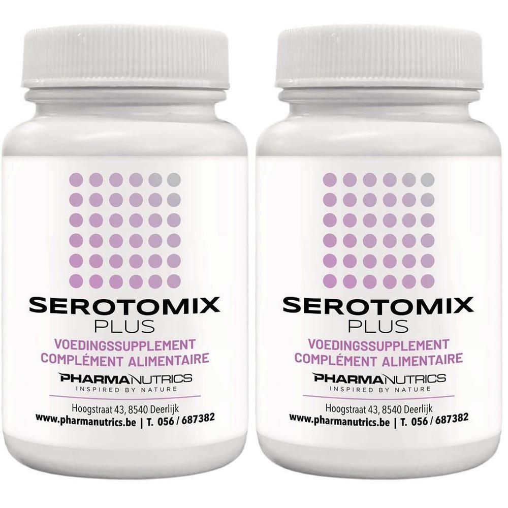 Twee witte flessen met paarse etiketten. Opschrift: Serotomix Plus, Voedingssupplement, Complément Alimentaire. Merk: PharmaNutrics.