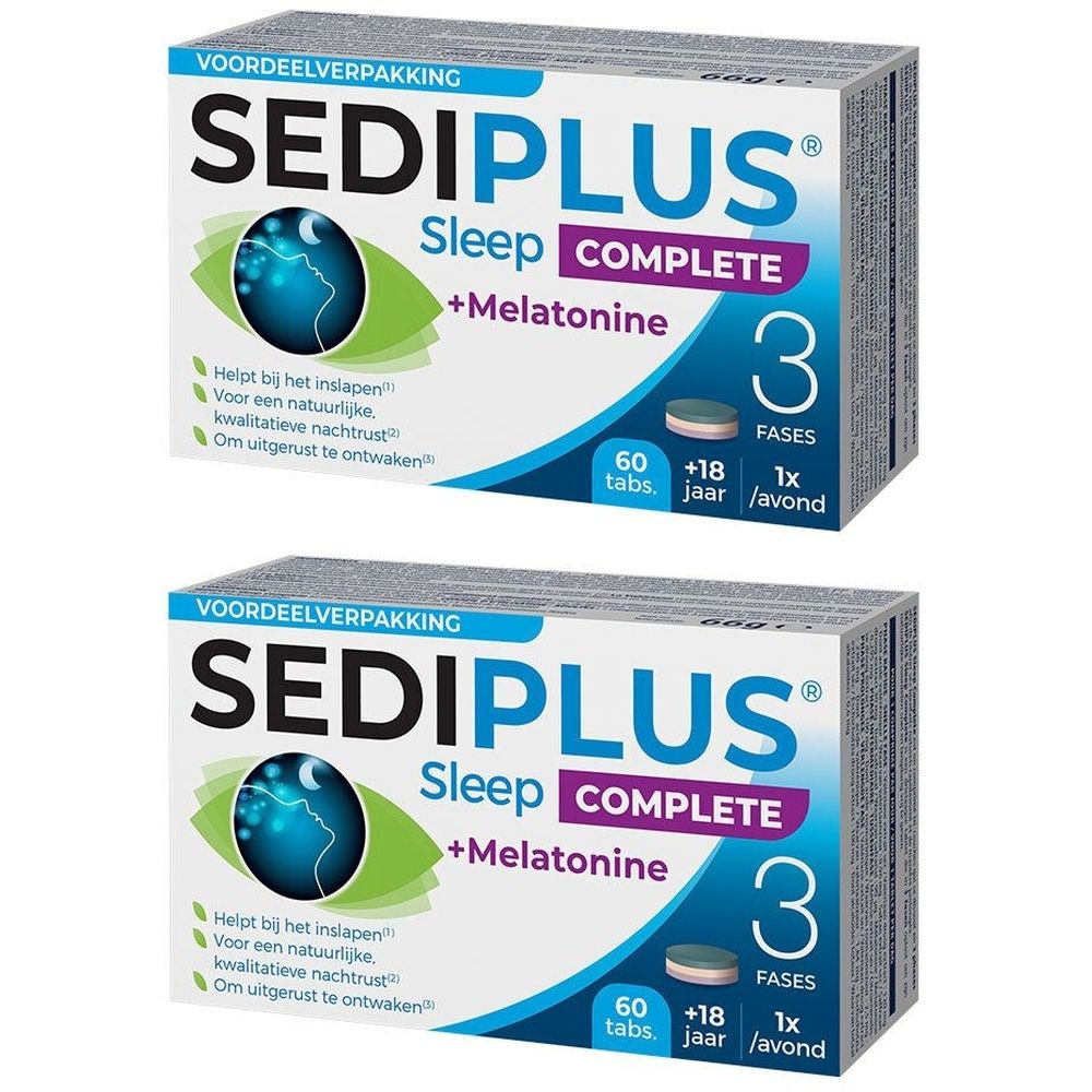 Twee dozen Sediplus Sleep Complete. Blauw-witte verpakking met productnaam en info. 3 fasen.