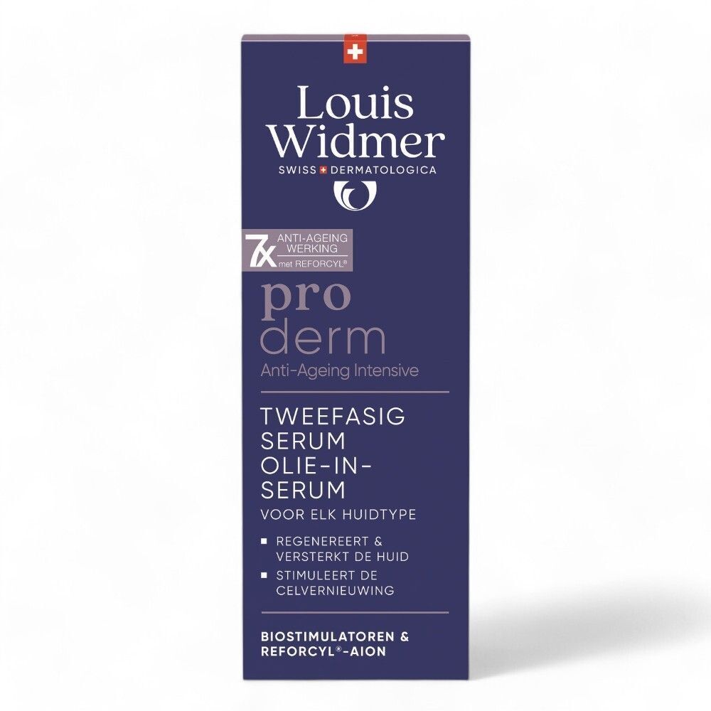 Deux flacons de sérum Louis Widmer Proderm. Autocollant jaune avec texte '1+1'.