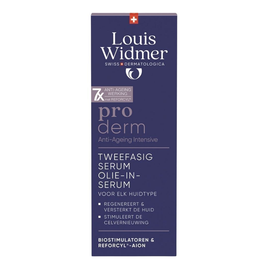 Verpakking Louis Widmer Proderm serum. Blauwe doos met tekst en logo.